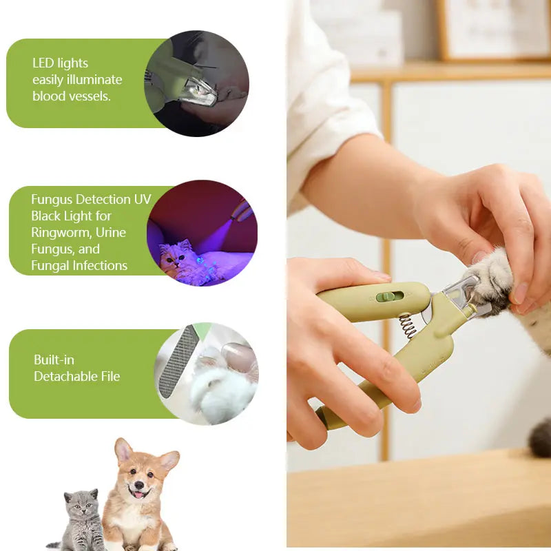 Pet Nail Trimmer with LED Light and UV Lamp - Safe and Efficient Grooming Tool with Sharp Blades, Built-In Nail File, Nail Collector, and Non-Slip Ergonomic Handle for All Pet Sizes