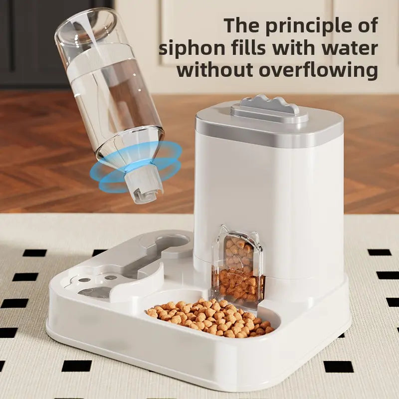 Cat Water Dispenser with Integrated Food Basin, Drinking Water Bowl, No Batteries Needed, Modern White Design for Easy Cleaning & Hydration, Suitable for Small Dogs, Durable Pet Hydration Solution, Sturdy Construction