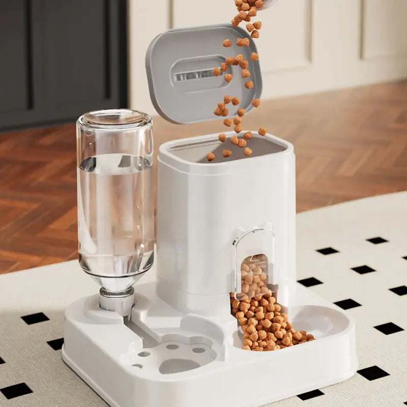 Cat Water Dispenser with Integrated Food Basin, Drinking Water Bowl, No Batteries Needed, Modern White Design for Easy Cleaning & Hydration, Suitable for Small Dogs, Durable Pet Hydration Solution, Sturdy Construction