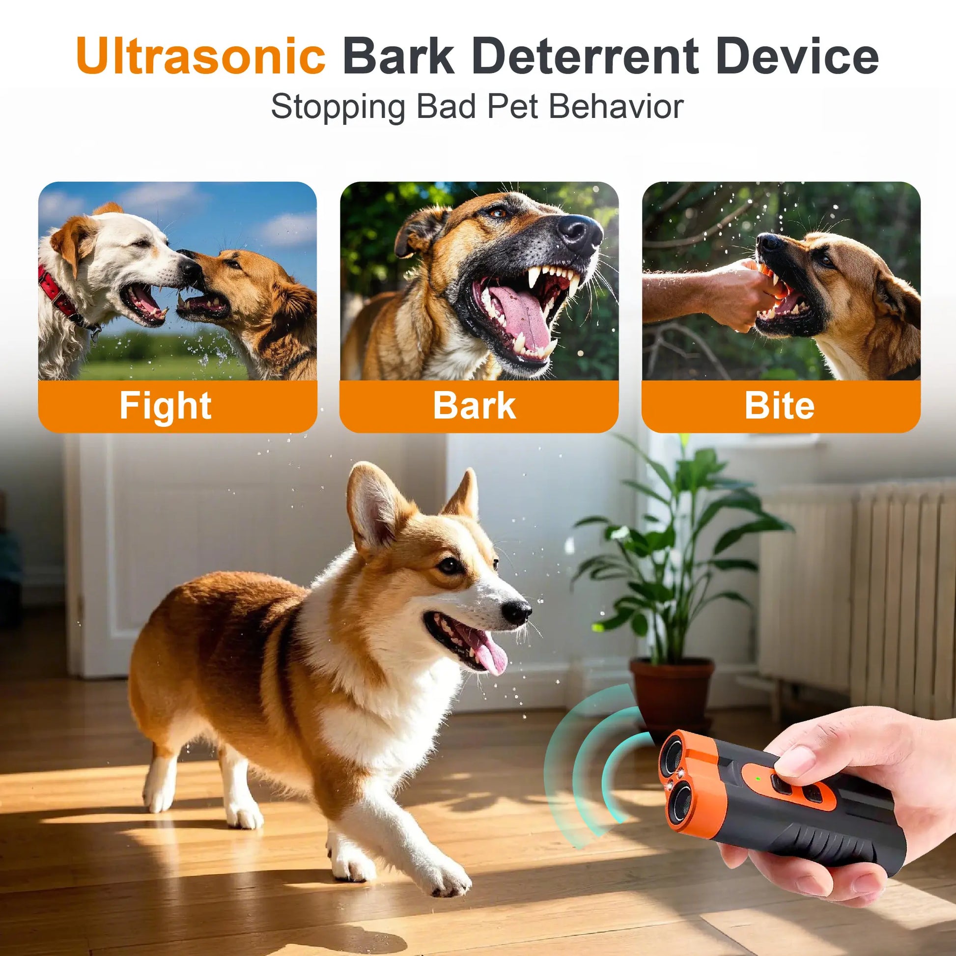 Ultrasonic Dog Barking Deterrent Training Tool - Usb-Rechargeable, Dual Emitters, 50Ft Range, 25Khz Frequency, Flashlight, Portable Grip, Kit Included for Indoor & Outdoor Dog Behavior Control