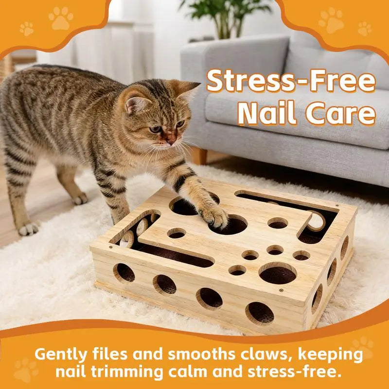 Cat Scratch Puzzle Enrichment Box Nail File Stress Free Alternative to Clippers and Grinders Durable Oak Wood Design for All Cat Ages Cat Play Toys