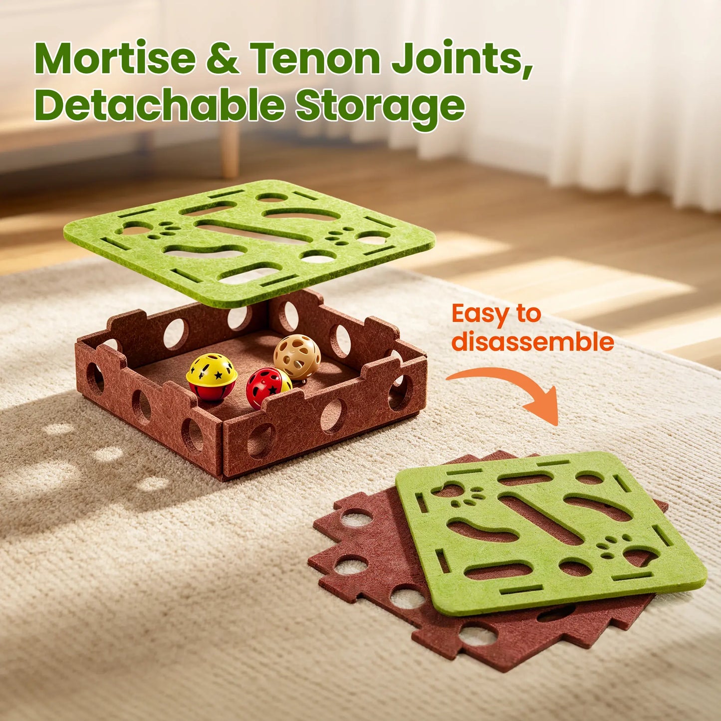 Potaroma Felt Maze Cat Puzzle Toy, Interactive Hide-And-Seek Box with 3 Jingle Balls, Indoor Enrichment Hunting Play for Kittens & Adult Cats to Relieve Boredom & Burn Energy
