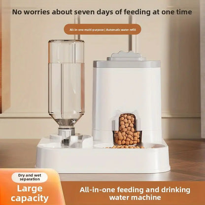 Cat Water Dispenser with Integrated Food Basin, Drinking Water Bowl, No Batteries Needed, Modern White Design for Easy Cleaning & Hydration, Suitable for Small Dogs, Durable Pet Hydration Solution, Sturdy Construction
