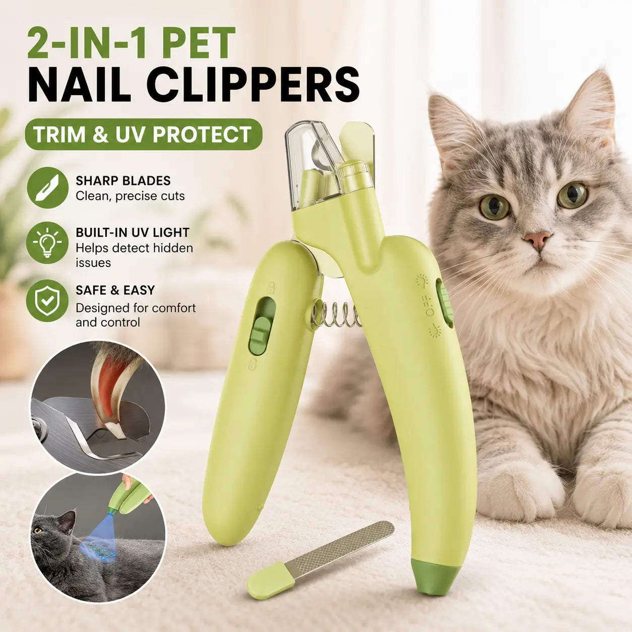 Pet Nail Trimmer with LED Light and UV Lamp - Safe and Efficient Grooming Tool with Sharp Blades, Built-In Nail File, Nail Collector, and Non-Slip Ergonomic Handle for All Pet Sizes