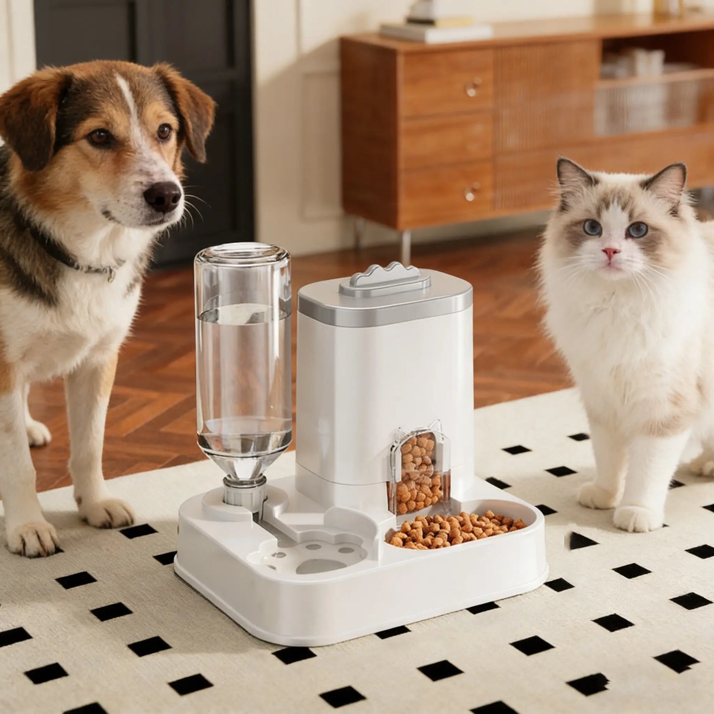 Cat Water Dispenser with Integrated Food Basin, Drinking Water Bowl, No Batteries Needed, Modern White Design for Easy Cleaning & Hydration, Suitable for Small Dogs, Durable Pet Hydration Solution, Sturdy Construction