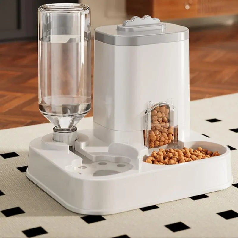 Cat Water Dispenser with Integrated Food Basin, Drinking Water Bowl, No Batteries Needed, Modern White Design for Easy Cleaning & Hydration, Suitable for Small Dogs, Durable Pet Hydration Solution, Sturdy Construction