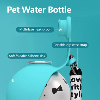 Ihubei 304 Stainless Steel Pet Water Bottle with Silicone Foldable Bowl - Stylish Hydration Dispenser for Dogs and Cats, Ideal for Travel and Outdoor Activities, 285ml